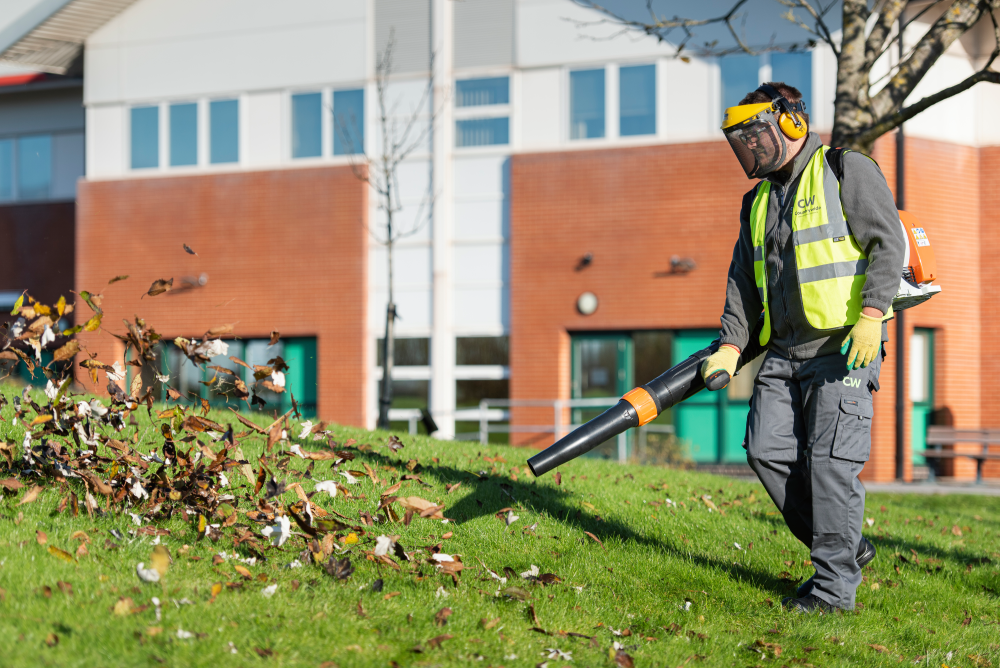 Countrywide worker using a leave blower on lawn.