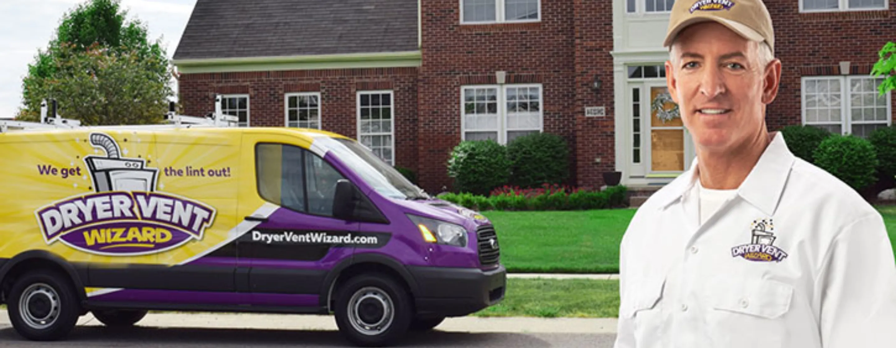 Dryer Vent Wizard truck and technician in front of home.